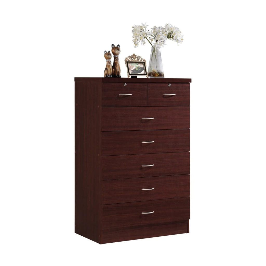 7 Drawer Wooden Dresser Chest with 2 Top Locks, Cherry X75455