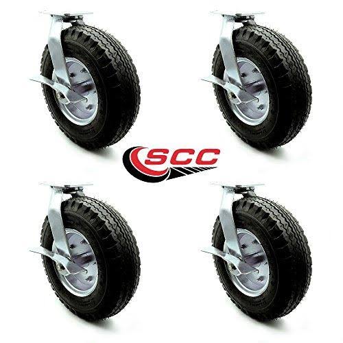 Black Rubber Pneumatic Swivel Caster with Top Lock Brakes Set of 4 C193