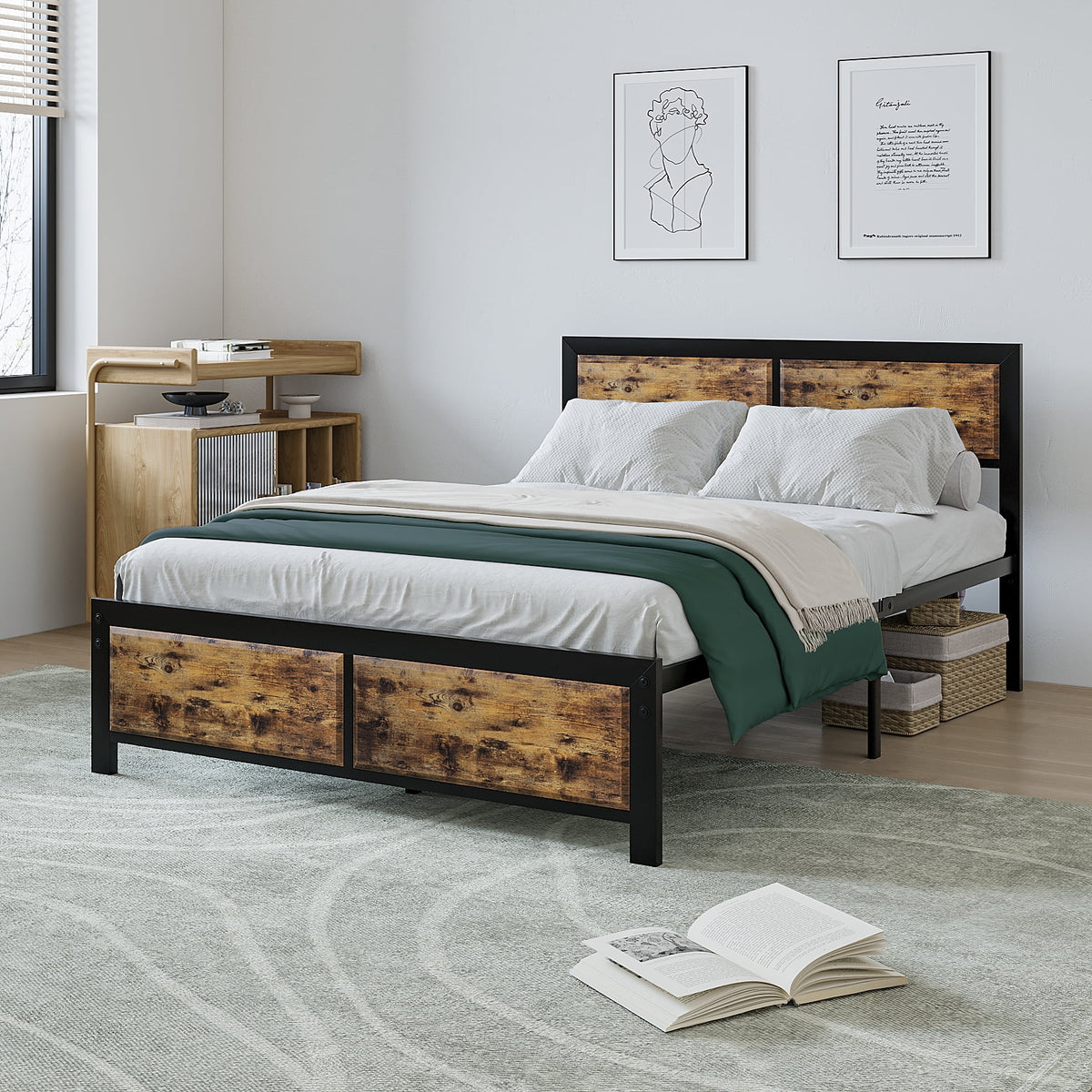 Full Size Brown Metal Platform Bed Frame with Headboard Z822970