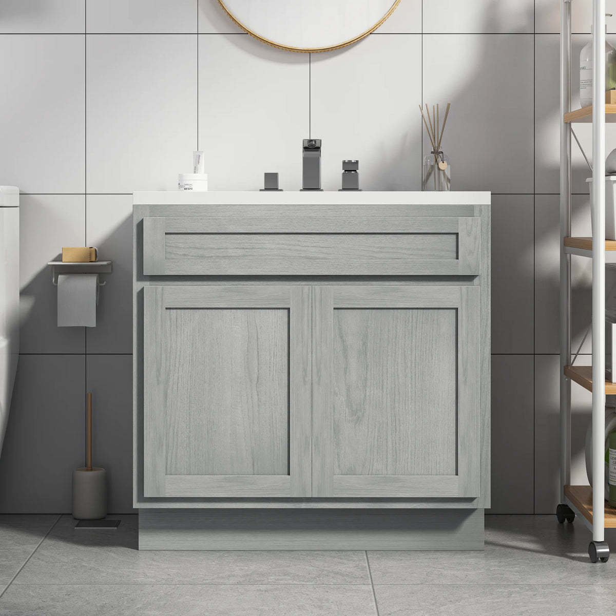 30 Inch Double Shutter Door Bathroom Vanity Base Cabinet with Soft Closing Drawer O2046
