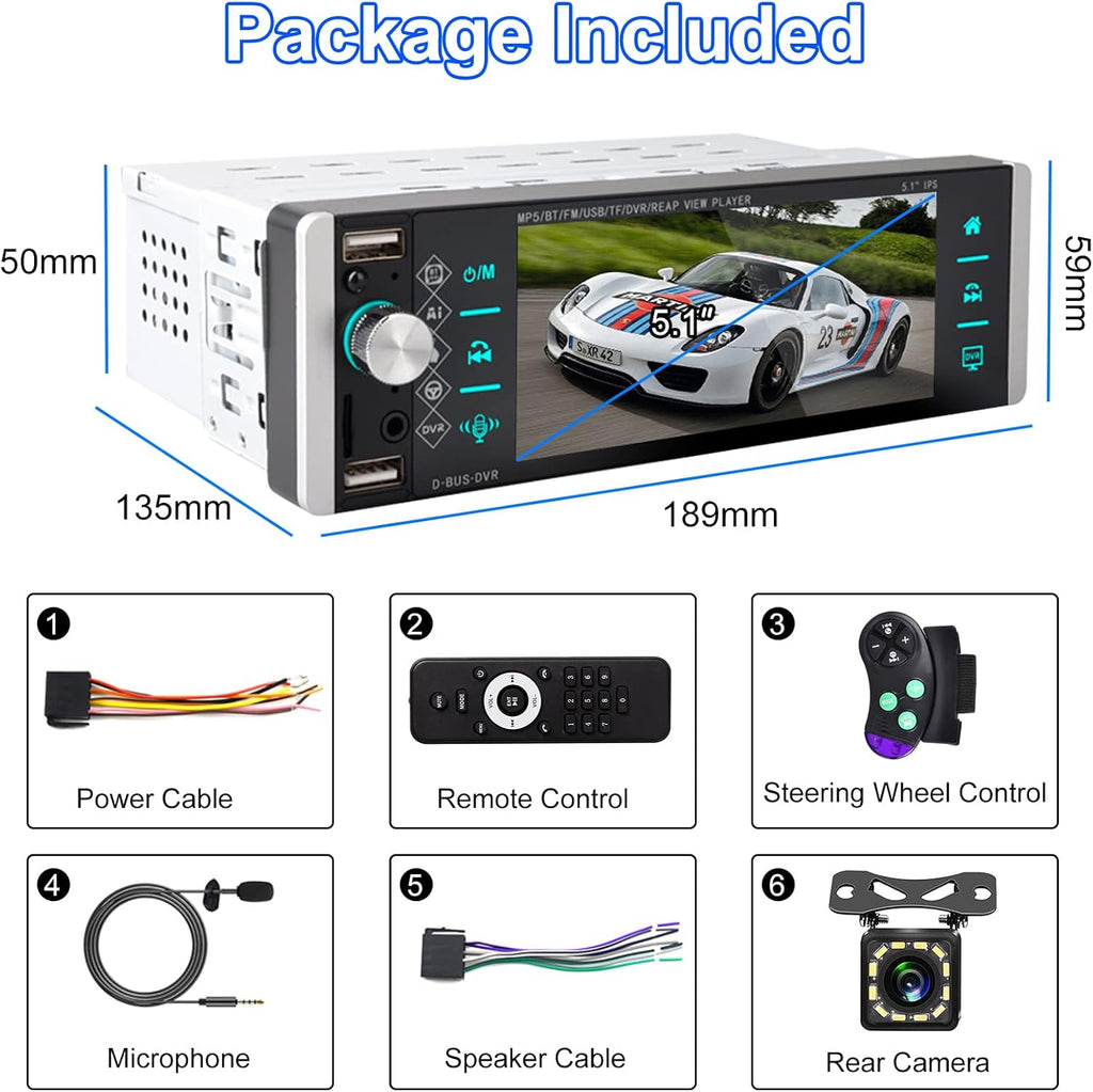 Single Din Car Stereo with 5.1 Inch Touch Screen Backup Camera G69912