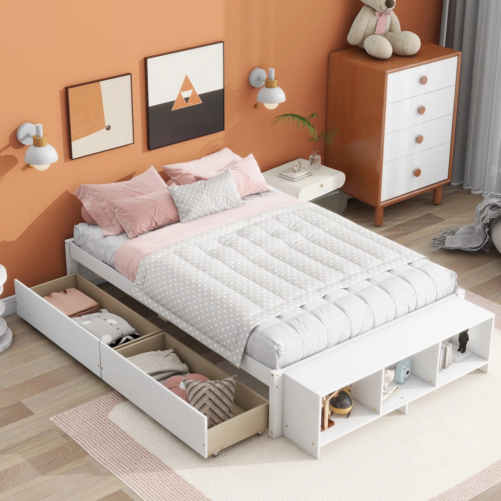 White Full Size Platform Bed with Storage Shelves and Drawer W554656