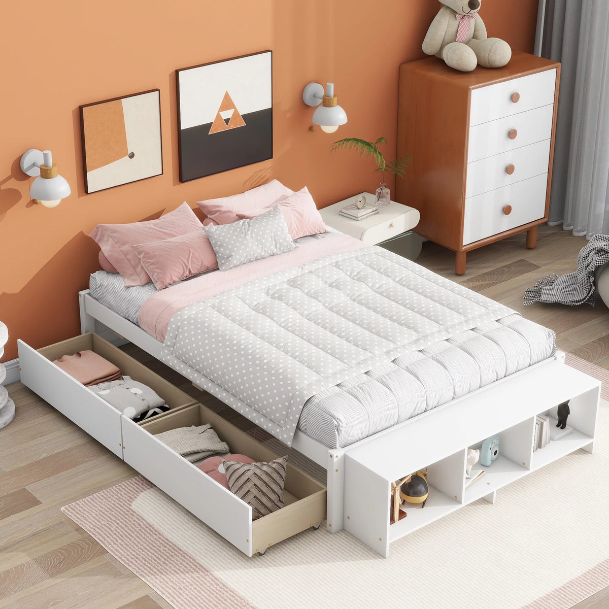 White Full Size Platform Bed with Storage Shelves and Drawer W554656