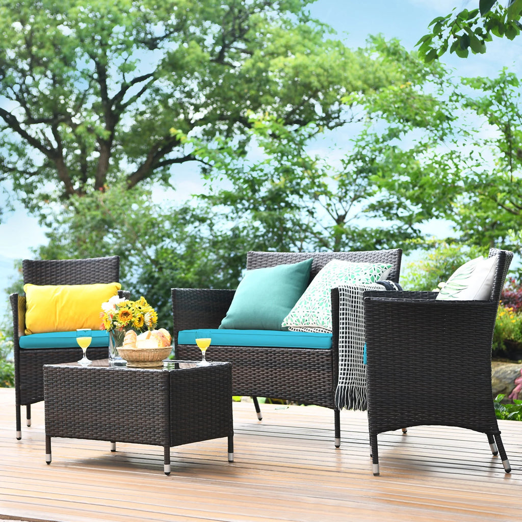 4 Pc Turquoise Cushioned Patio Rattan Conversation Furniture Set G20699