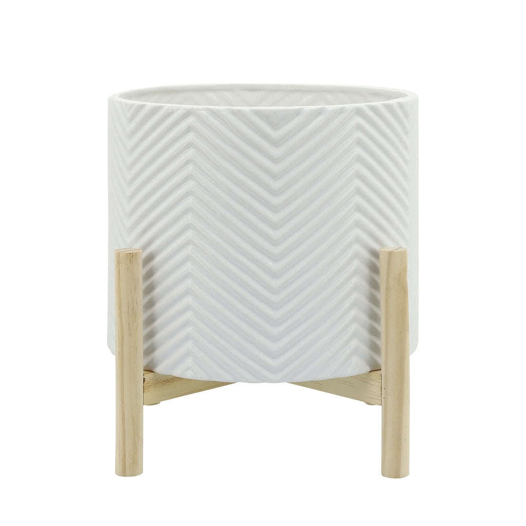 12" Ceramic Chevron Planter with Wood Stand G863540