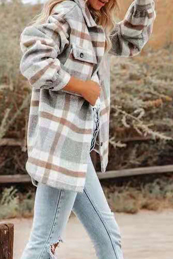 Plaid Pocket Buckle Turndown Collar Outerwear I73513