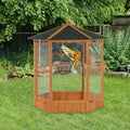 Large Wooden Hexagonal Outdoor Aviary Bird Cage with Covered Roof C3084