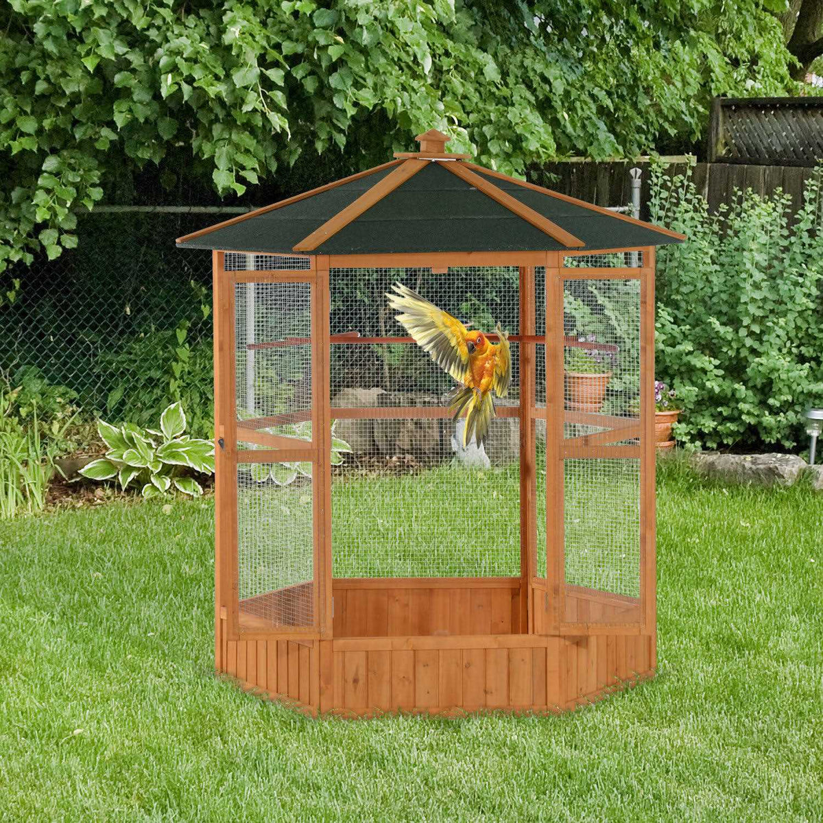 Large Wooden Hexagonal Outdoor Aviary Bird Cage with Covered Roof C3084