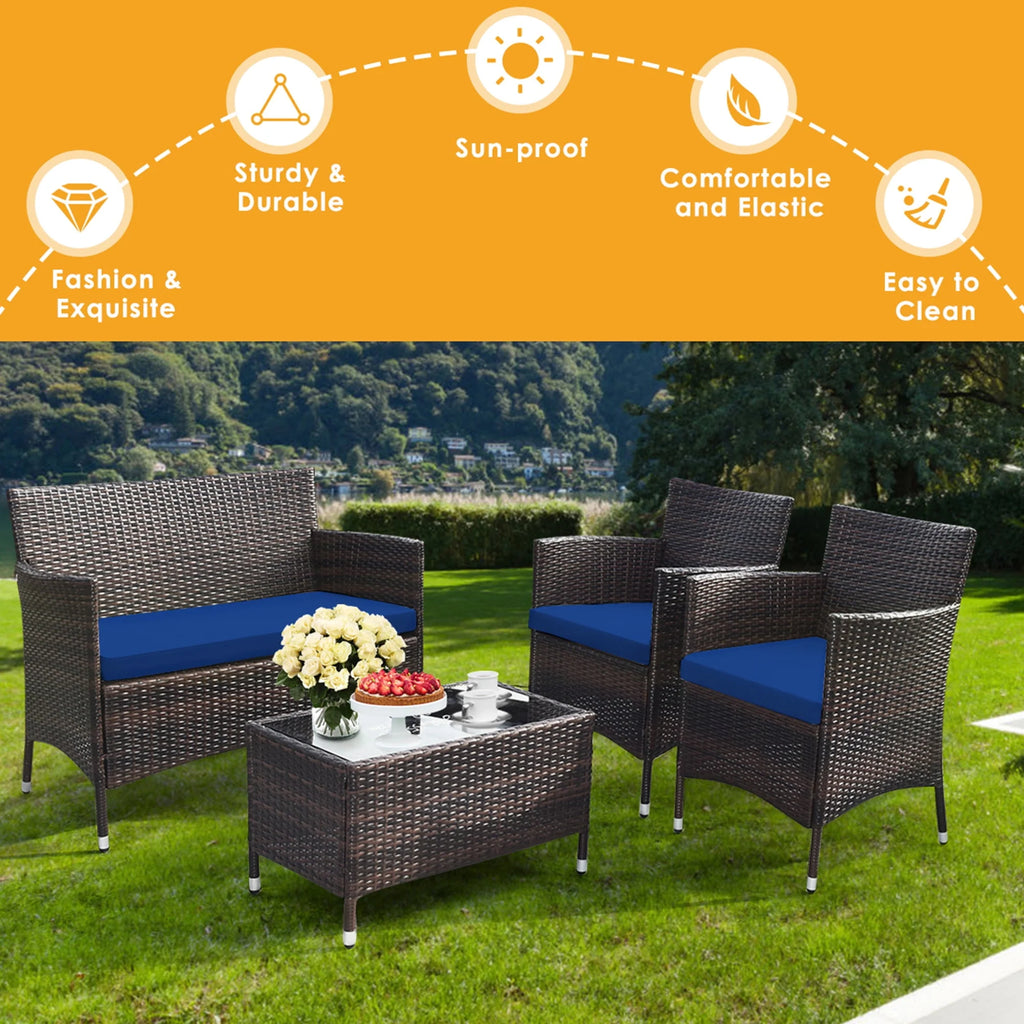 4 Pc Turquoise Cushioned Patio Rattan Conversation Furniture Set G20699
