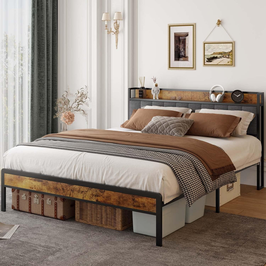 Dark Grey Queen Bed Frame with Storage Headboard I756