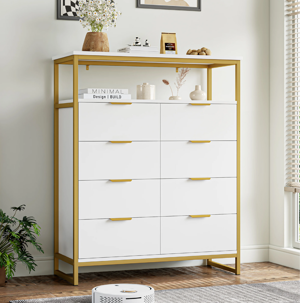 White 8 Drawer Wood Dresser with Shelf S949