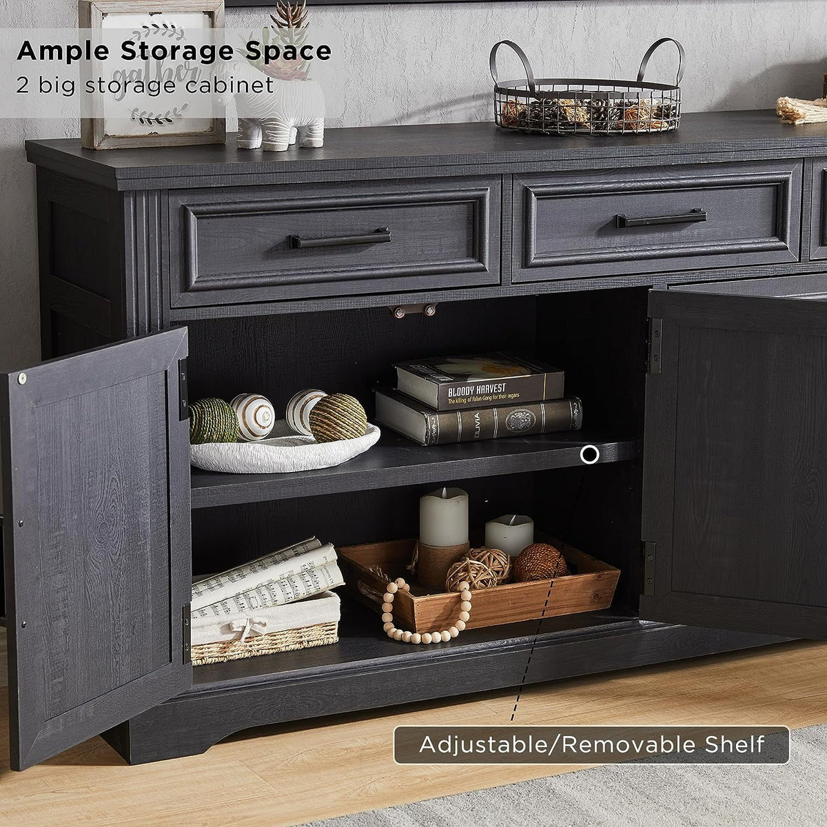 Black 3 Drawer 4 Door Sideboard Storage Cabinet H15382