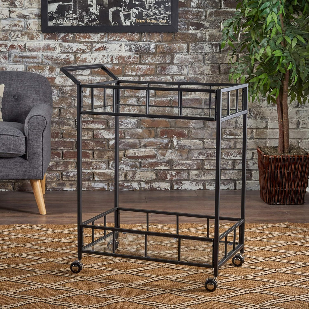 Black Iron Bar Cart with Tempered Glass Top C906