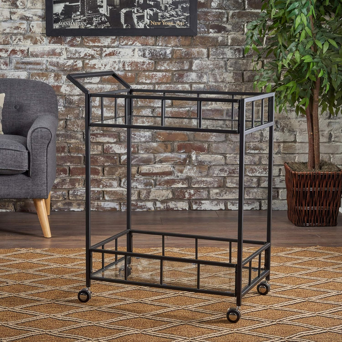 Black Iron Bar Cart with Tempered Glass Top C906