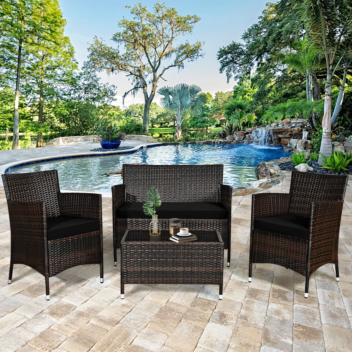 4 Pc Turquoise Cushioned Patio Rattan Conversation Furniture Set G20699