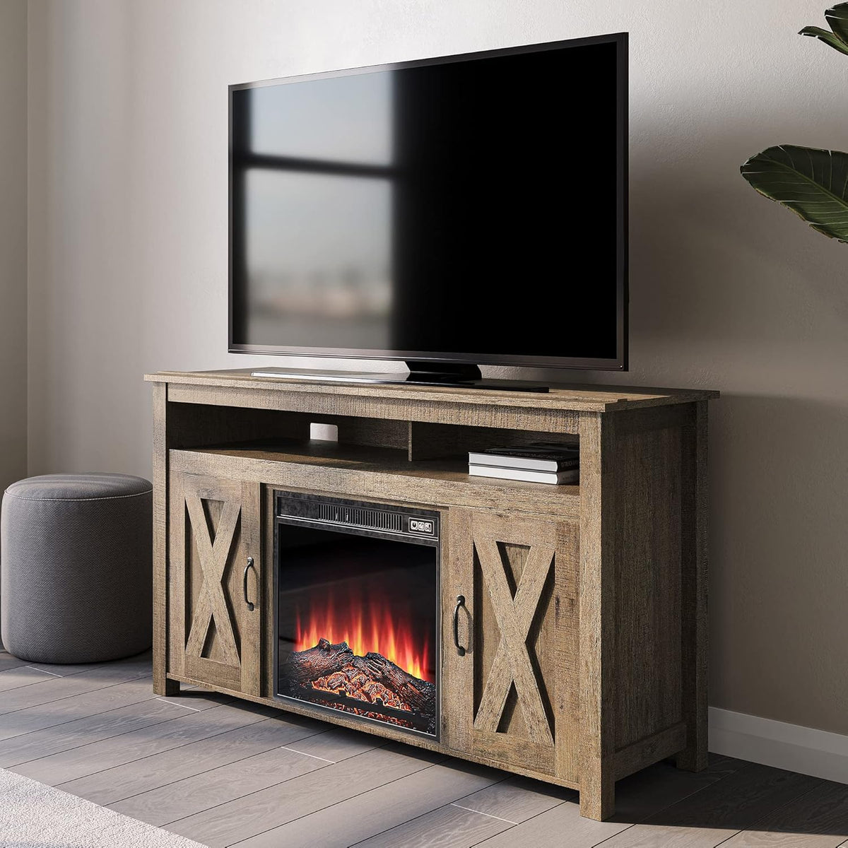 Wood Electric Fireplace TV Stand for TVs up to 55 Inches with Shelves and Cabinets A92697