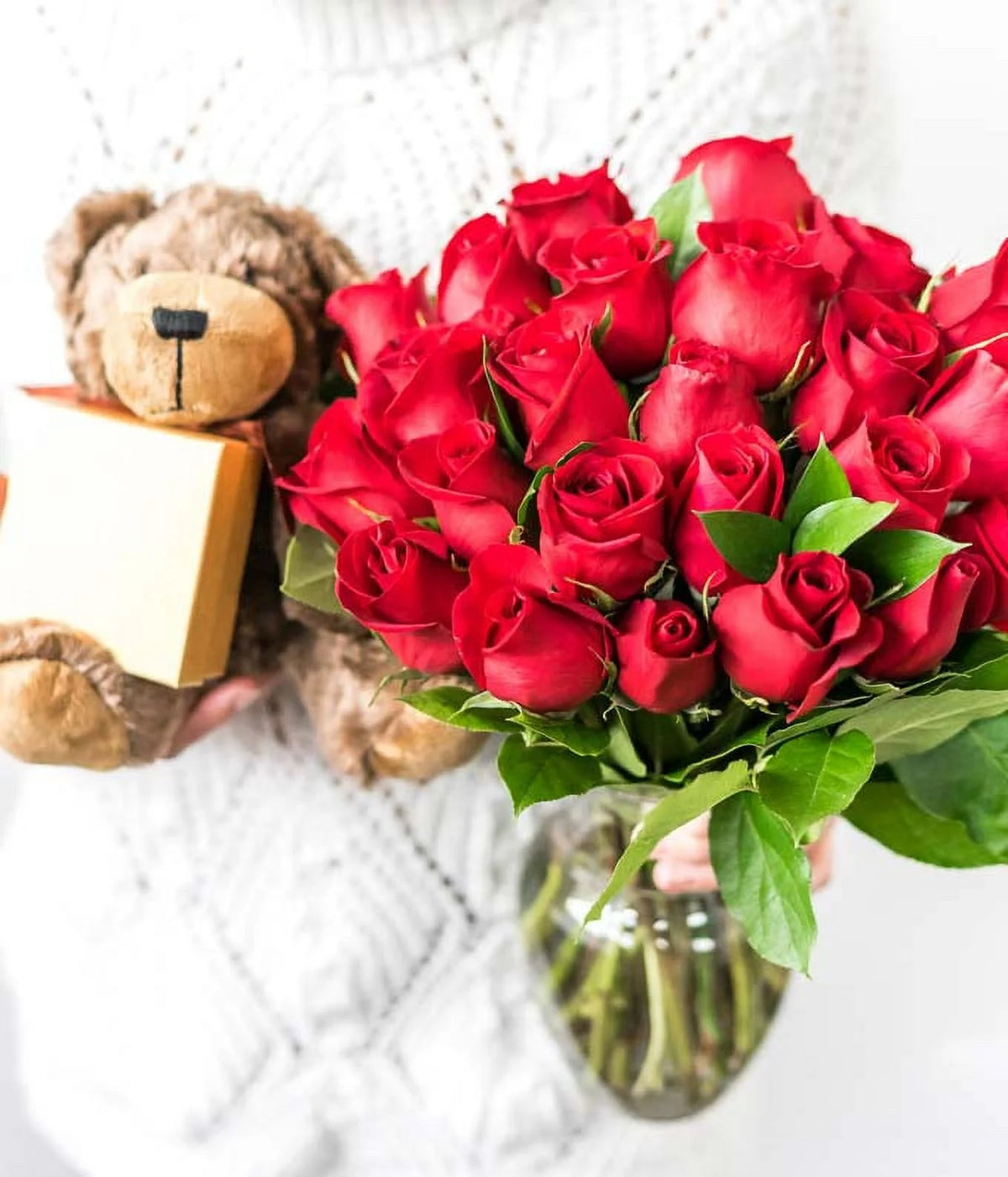 24 Red Roses with Chocolates & Teddy Bear in a Glass Vase P123124