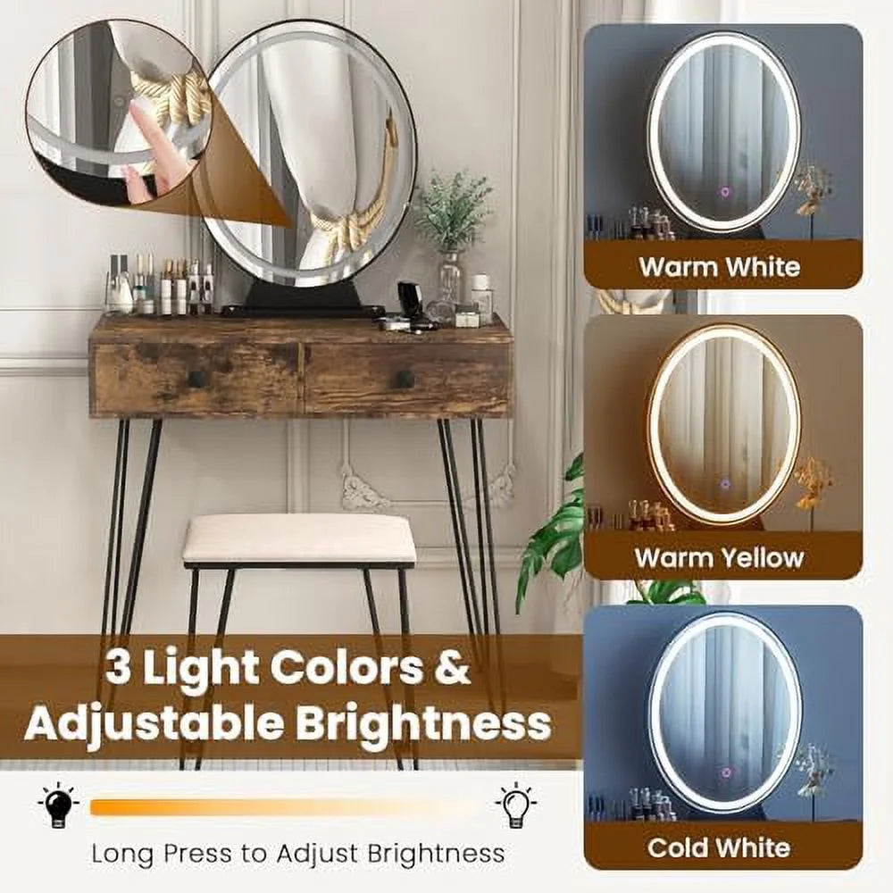 Vanity Desk with Mirror and Lights Makeup Dressing Table Set with Stool W197264