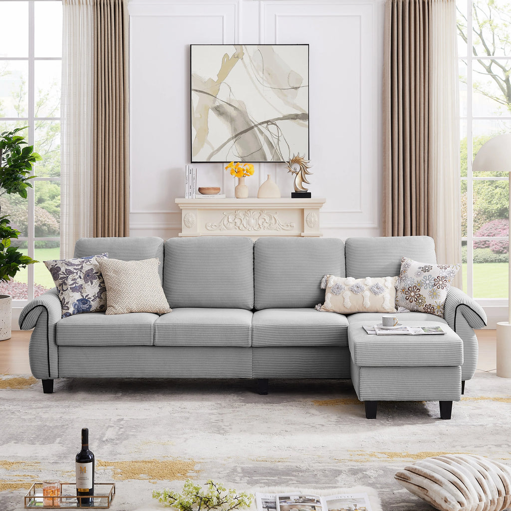 Grey Corduroy L Shaped Sectional Sofa with Reversible Ottoman C343