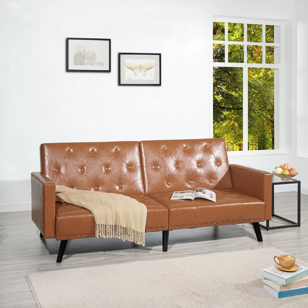 Espresso Faux Leather Tufted Convertible Sofa Bed V94270