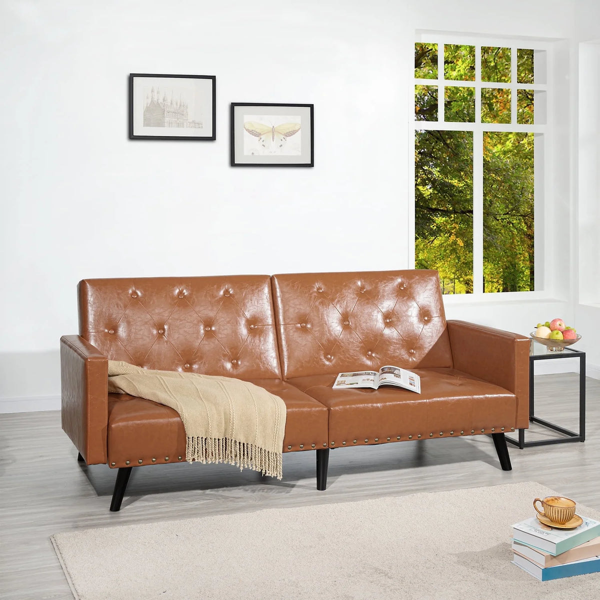 Espresso Faux Leather Tufted Convertible Sofa Bed V94270