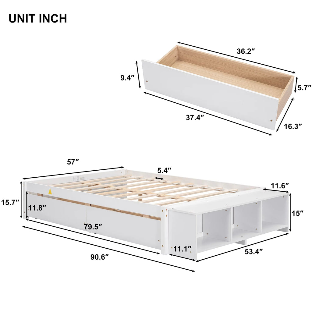 White Full Size Platform Bed with Storage Shelves and Drawer W554656