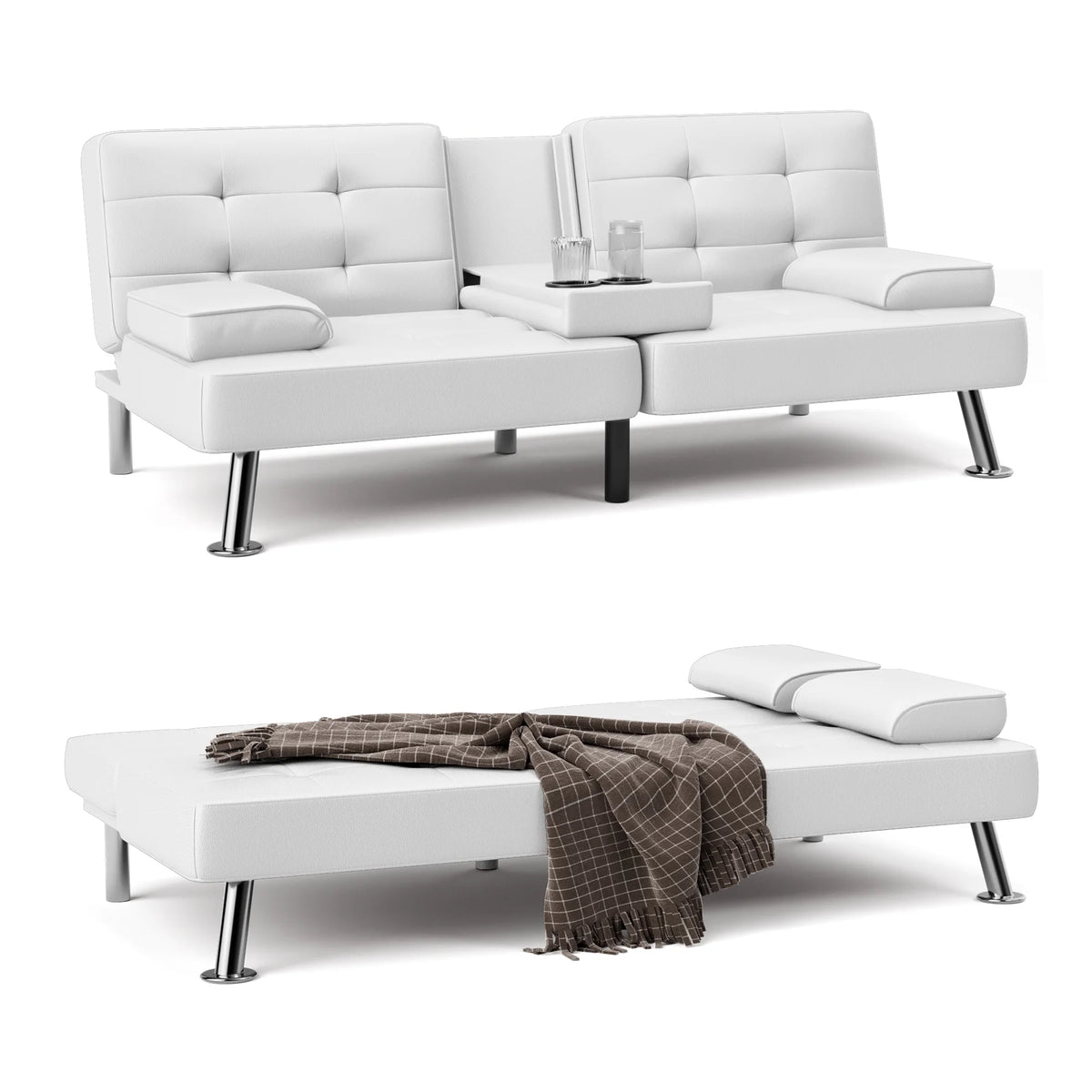Faux Leather Convertible Futon Sofa Bed with 2 Cup Holders T272651