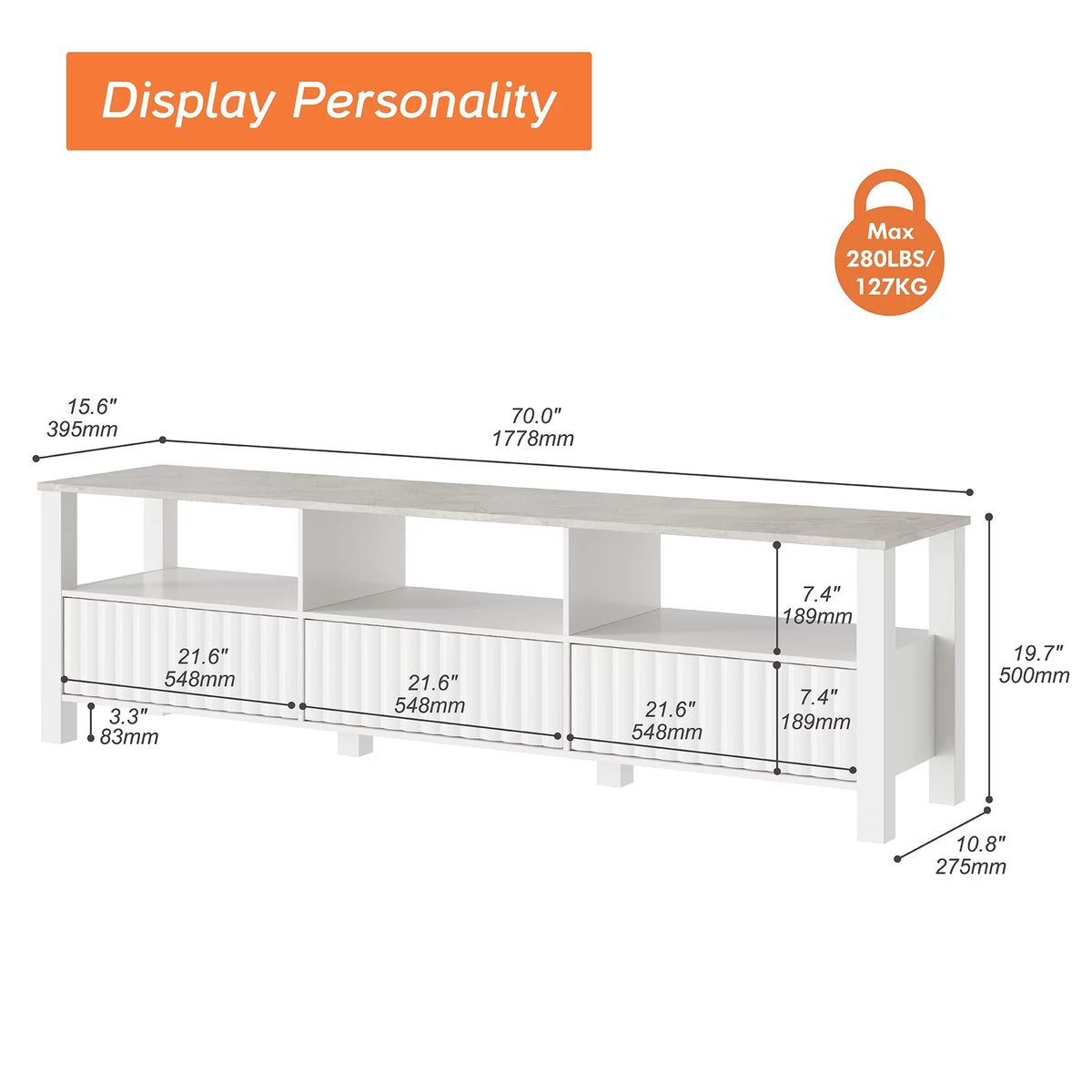 White Wood TV Stand with 6 Storage I83931