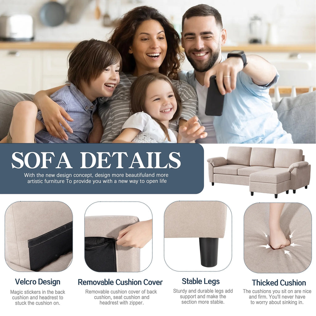 Convertible Sectional Sofa Couch, 3 Seat L Shaped Sofa with Removable Pillows Linen Fabric (Gray) Q49001