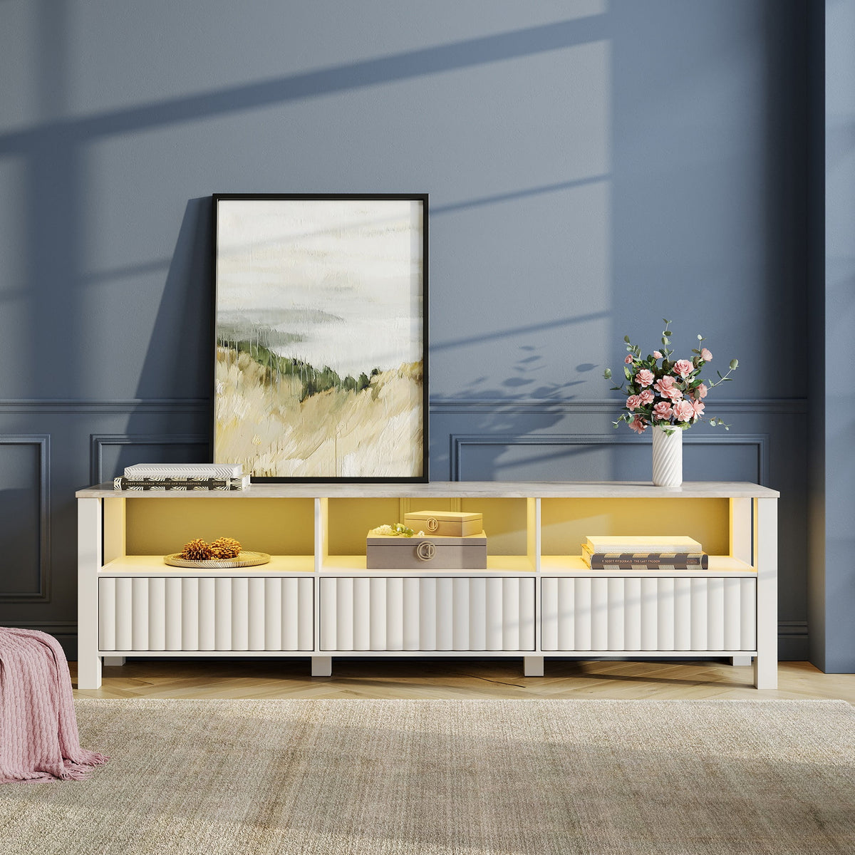 White Wood TV Stand with 6 Storage I83931