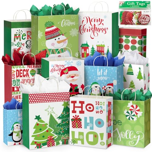 24 Christmas Gift Paper Bags Bulk with Handles and 60 Count Christmas Gift Tags P663010