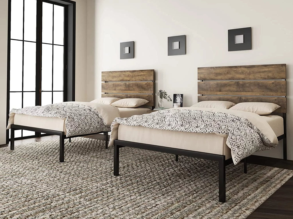 Queen Size Rustic Industrial Platform Bed Frame with Wood Headboard W5449