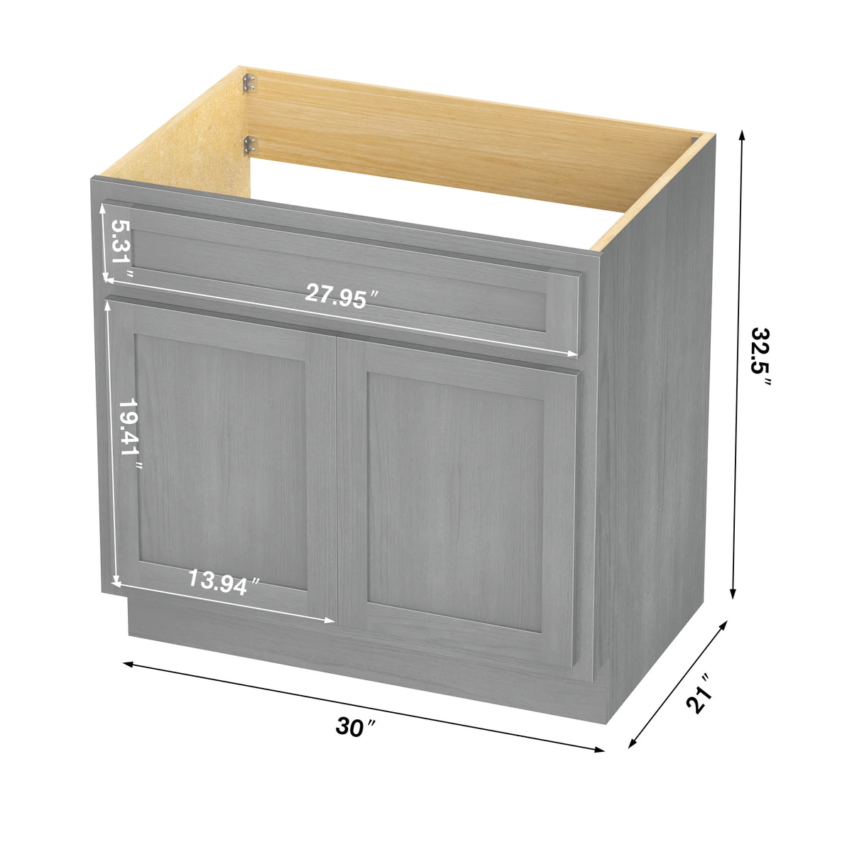 30 Inch Double Shutter Door Bathroom Vanity Base Cabinet with Soft Closing Drawer O2046