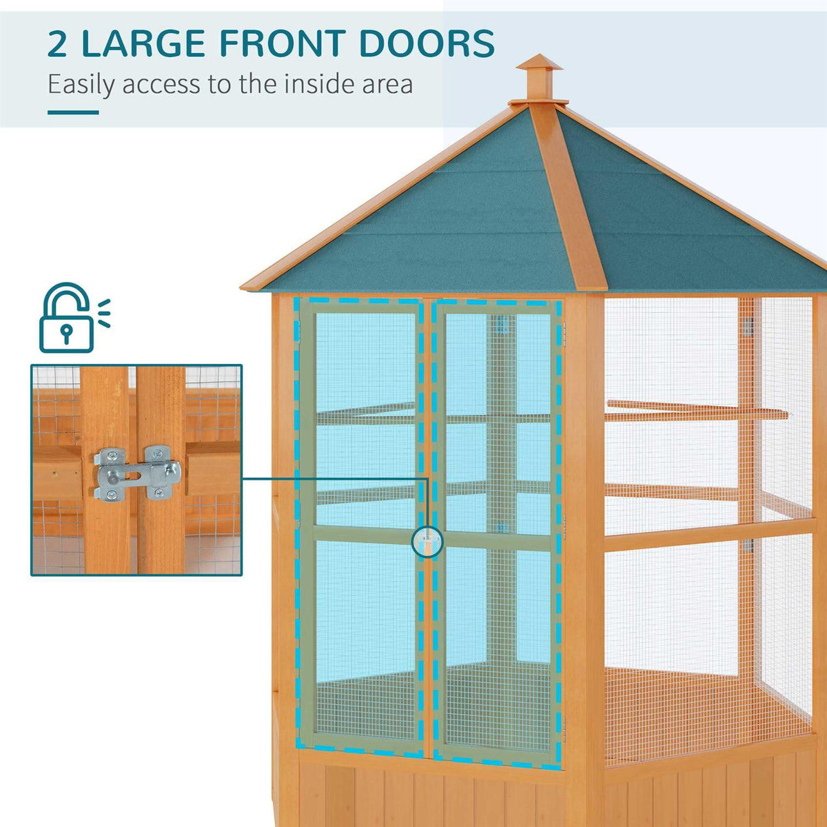 Large Wooden Hexagonal Outdoor Aviary Bird Cage with Covered Roof C3084