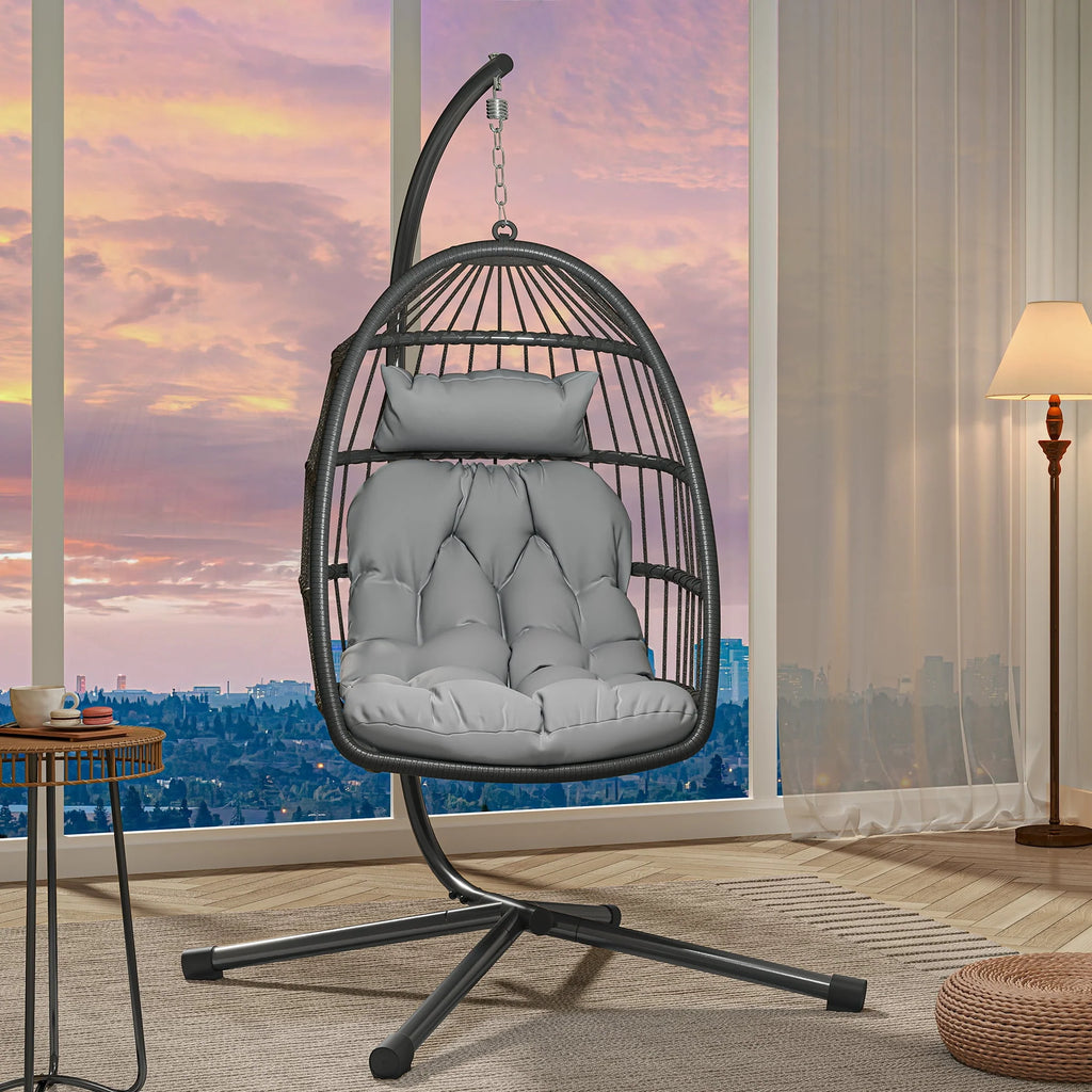Hanging Egg Swing Chair with Stand Wicker Dark Gray M2506