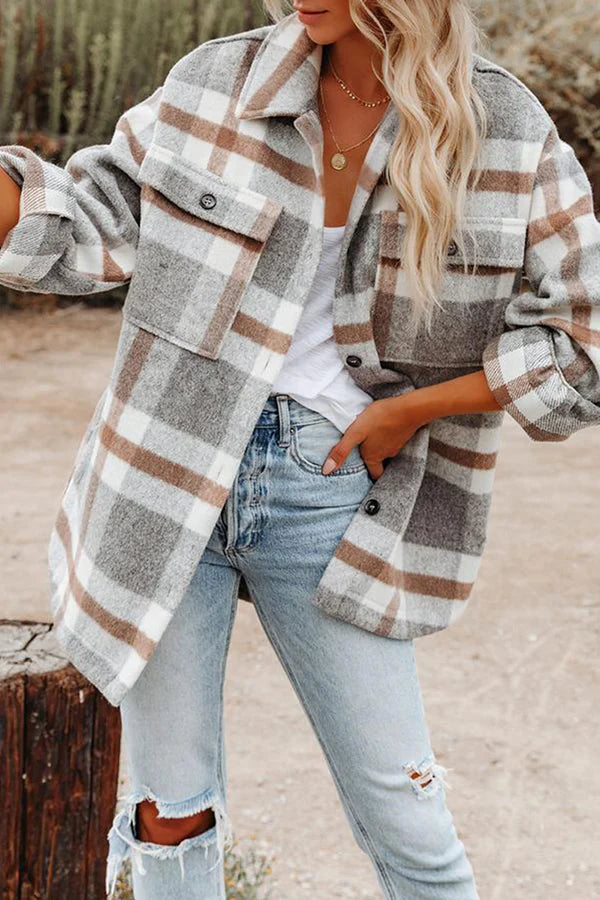 Plaid Pocket Buckle Turndown Collar Outerwear I73513