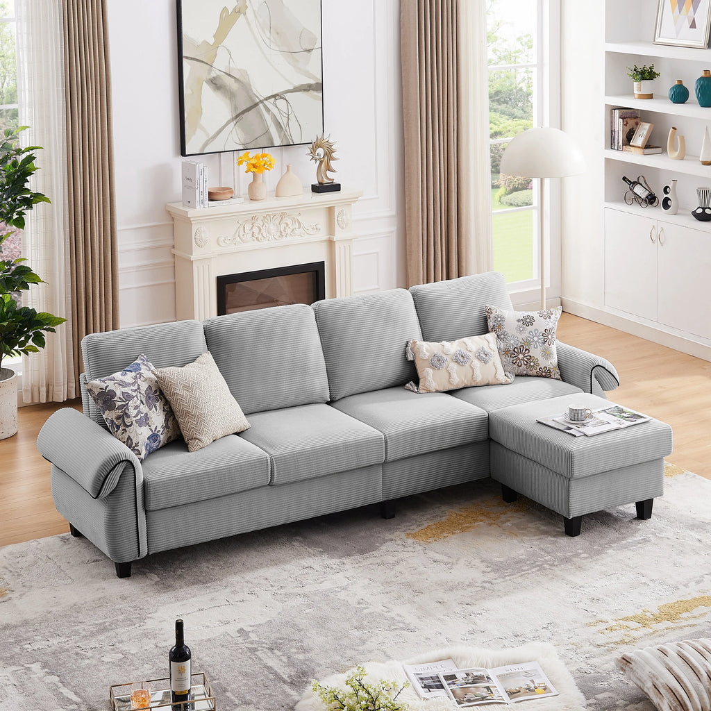 Grey Corduroy L Shaped Sectional Sofa with Reversible Ottoman C343