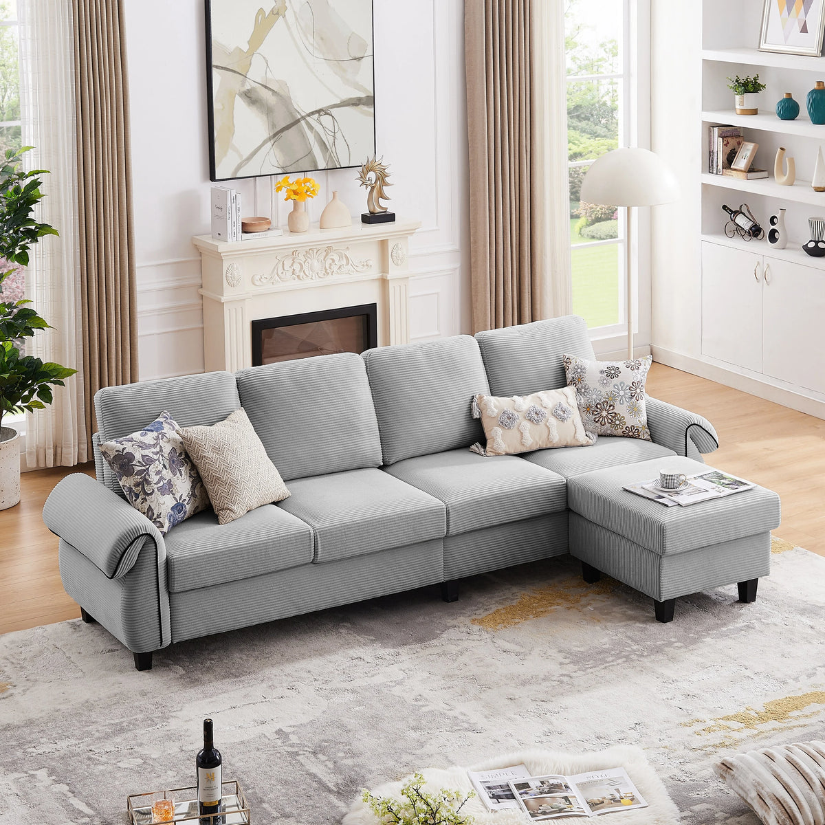 Grey Corduroy L Shaped Sectional Sofa with Reversible Ottoman C343
