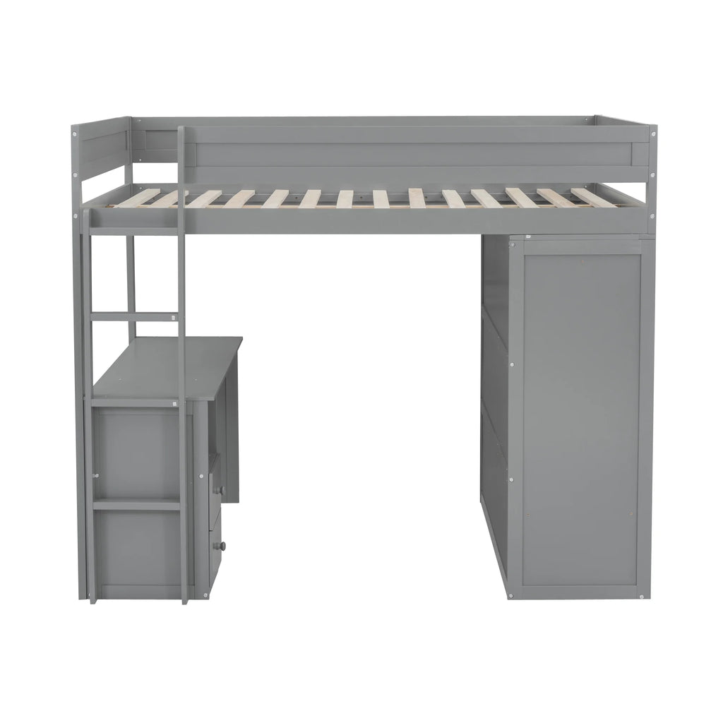 Wood Full Size Loft Bed with Storage Desk, Drawers and Wardrobe V102