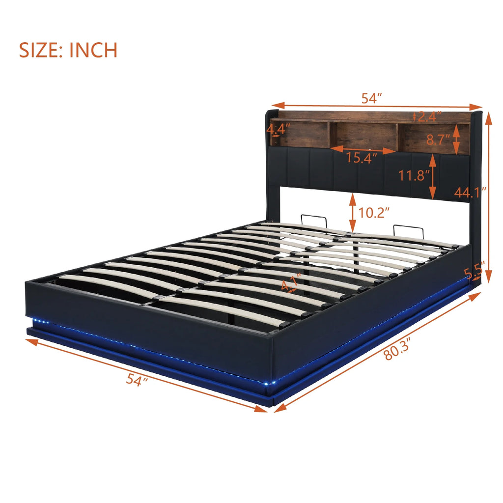 Black Full Size PU Upholstered Platform Bed with Storage Headboard X381