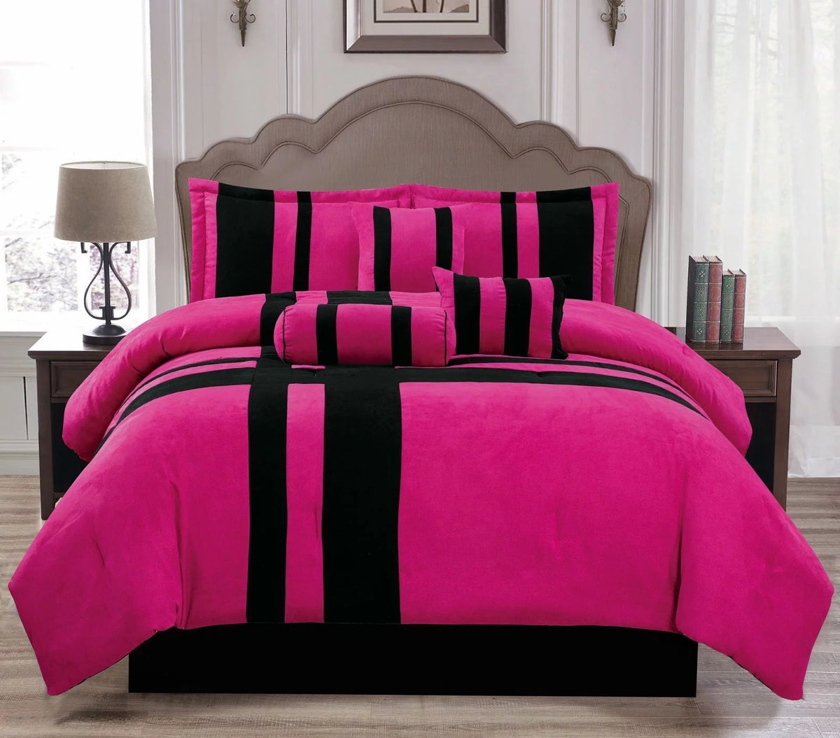 11 Pc Pink Stripe Micro Suede California King Comforter Set L880