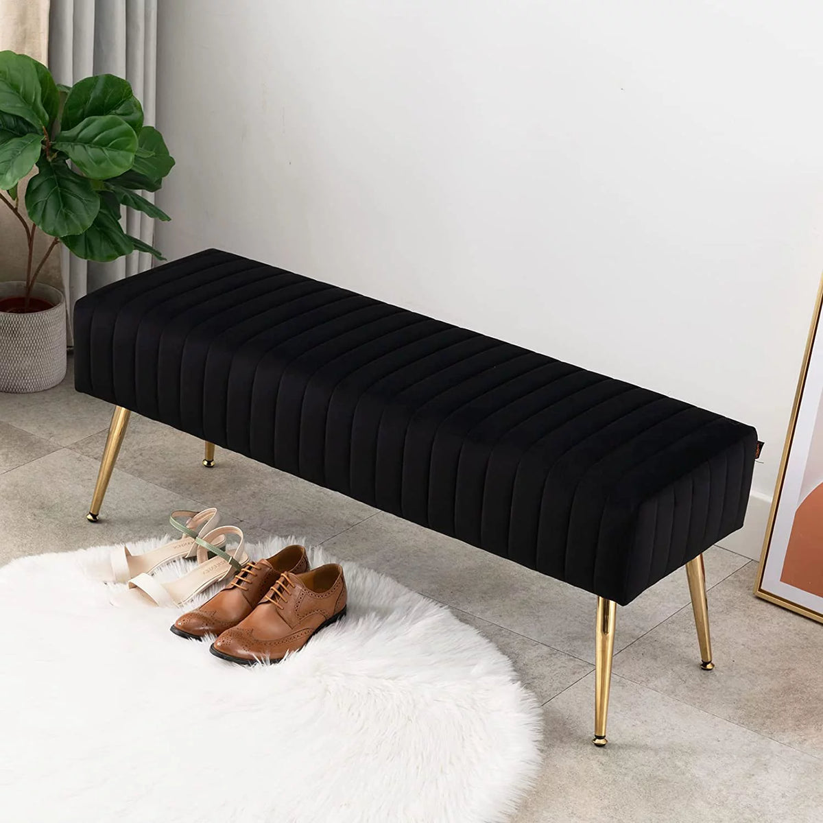 44 Inch Velvet Ottoman Bench with Gold Legs X74398