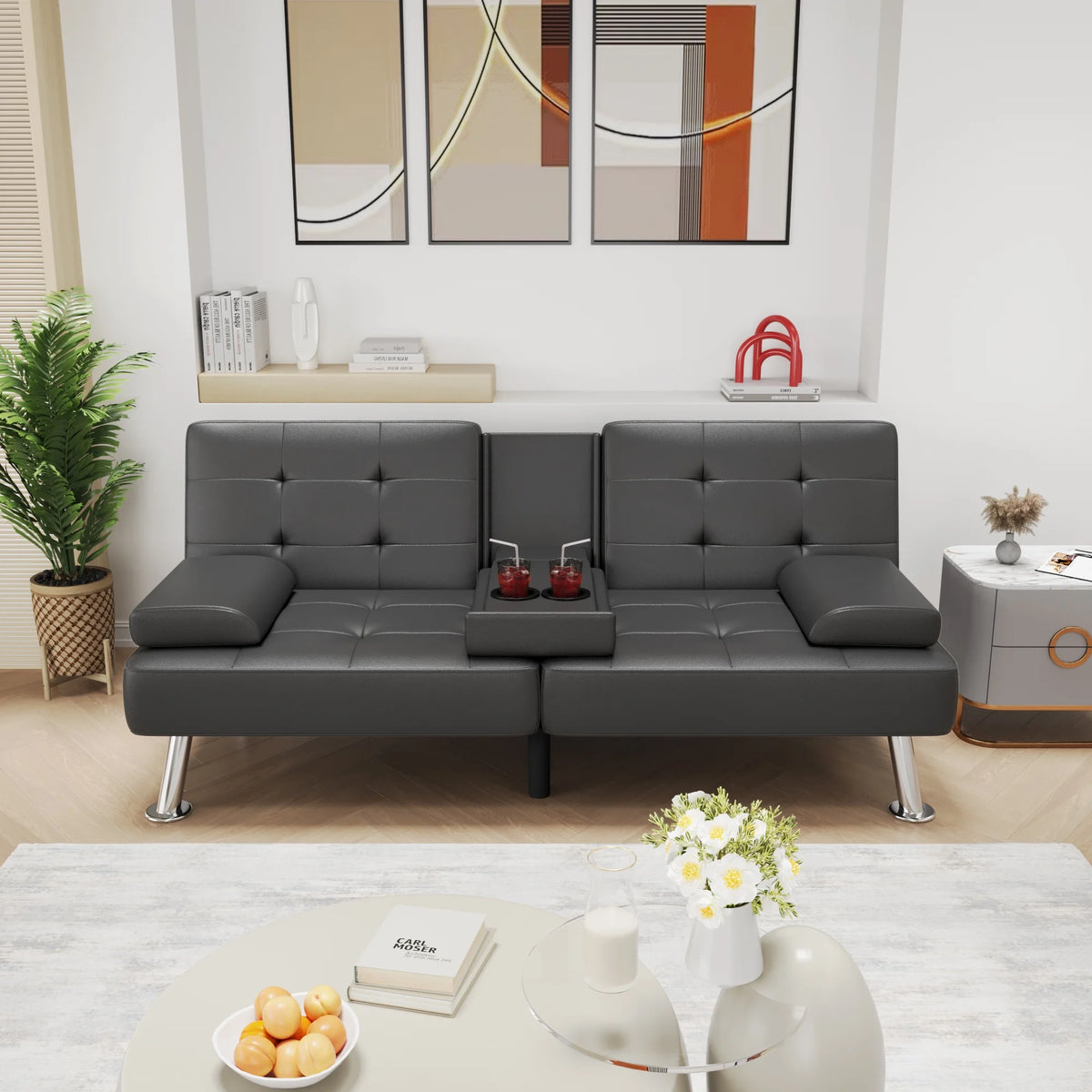 Faux Leather Convertible Futon Sofa Bed with 2 Cup Holders T272651