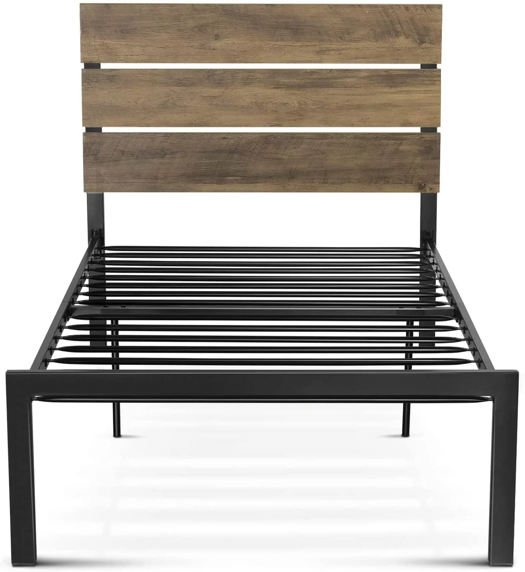 Queen Size Rustic Industrial Platform Bed Frame with Wood Headboard W5449
