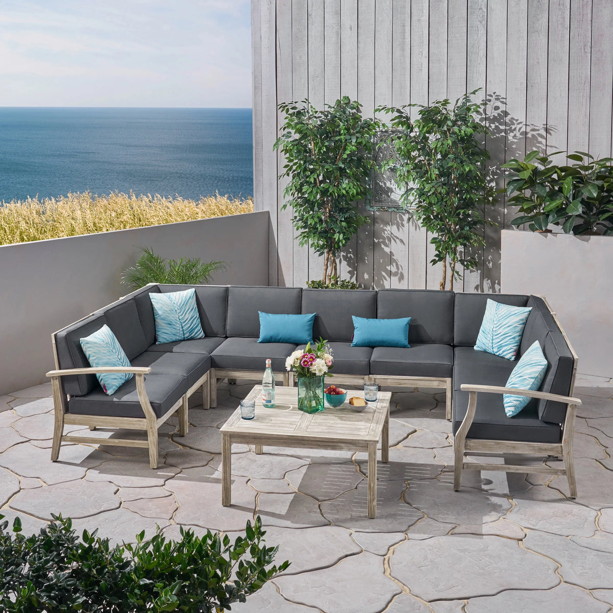 Light Gray Acacia Wood Outdoor Sofa Sectional Set H1510