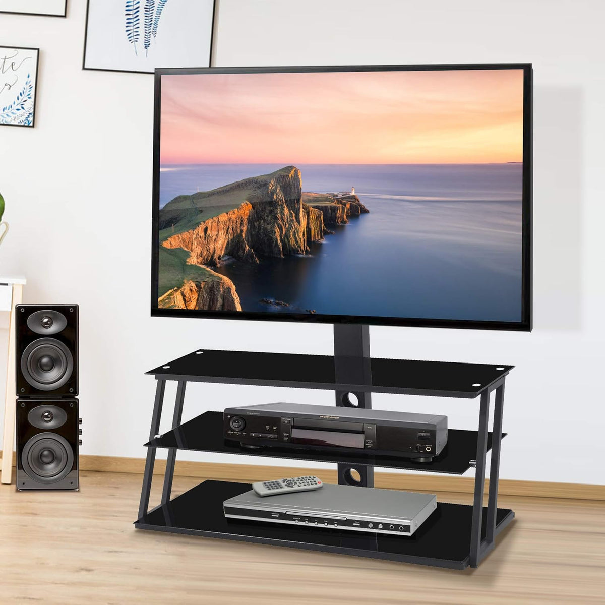 Angle and Height Adjustable Tempered Glass TV Stand, Black U870