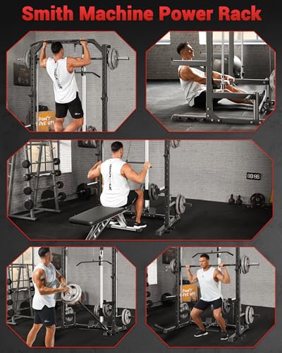 Smith Machine Home Gym with Barbell Bar, Cable System, Lat Pulldown Attachments, Safety Spotter Arms, J Hooks, Landmine, Multi-Functional Squat Rack G53238