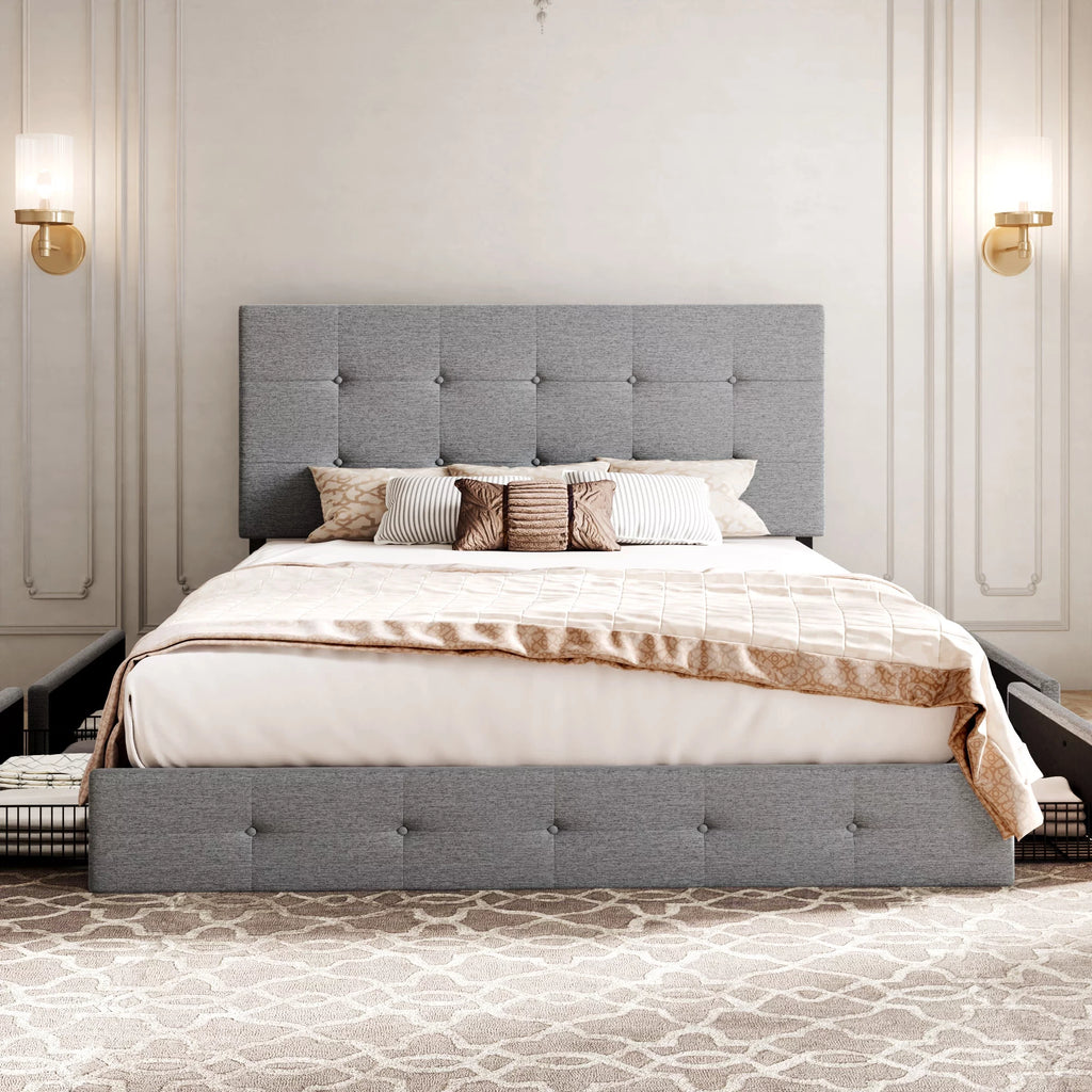 Light Grey Queen Platform Bed Frame with 4 Drawers Storage P61337