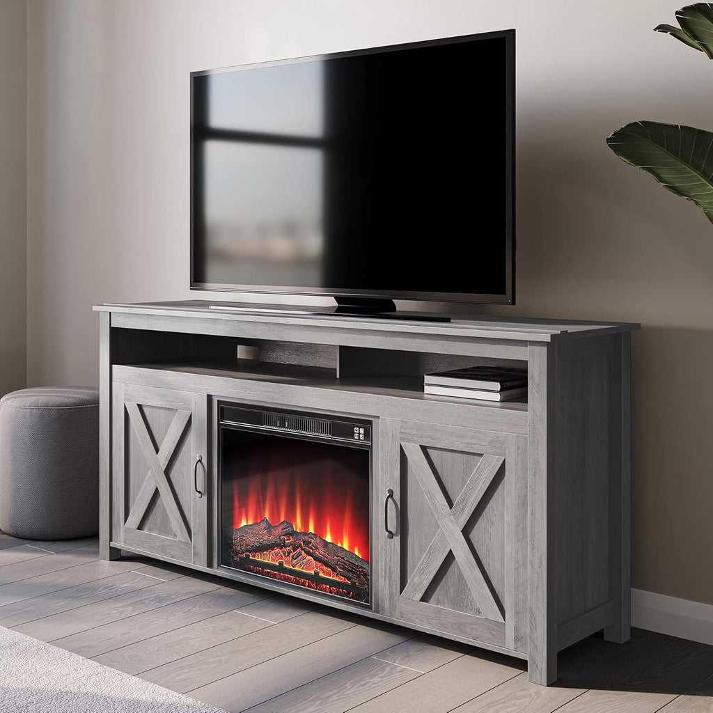 Wood Electric Fireplace TV Stand for TVs up to 55 Inches with Shelves and Cabinets A92697