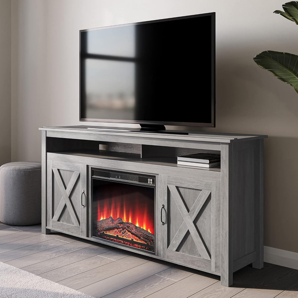 Wood Electric Fireplace TV Stand for TVs up to 55 Inches with Shelves and Cabinets A92697